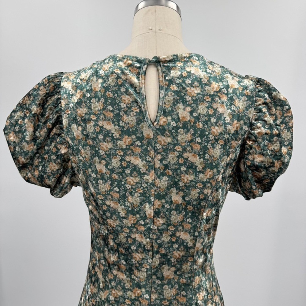 MABLE Dress Small Green Floral Velvet Puff Sleeve Midi Cottagecore Romantic - Picture 8 of 13